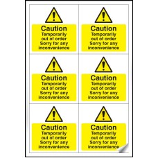 Caution - Temporarily Out of Order Labels (Sheet of 6)